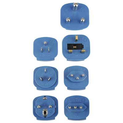 Collage van blauwe uitwisselbare elektrische adapter-stekkerkoppen met verschillende metalen pennen voor verschillende landen, weergegeven in vooraanzicht op een witte achtergrond.