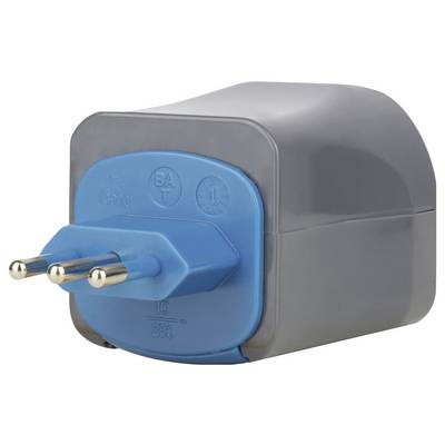 Grijs en blauw drievoudige elektrische stekkeradapter met ronde pennen, getoond op een witte achtergrond.
