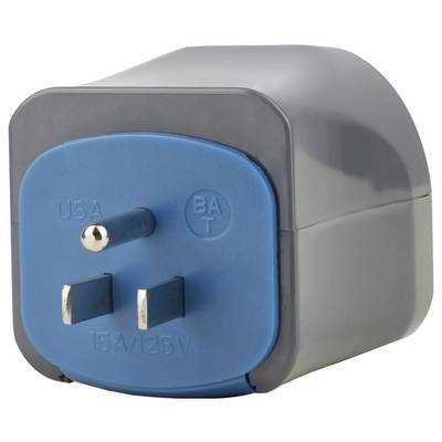 Blauwe en grijze elektrische stekkeradapter met twee platte pennen en één ronde aardingspin, gelabeld USA en 15A/125V.