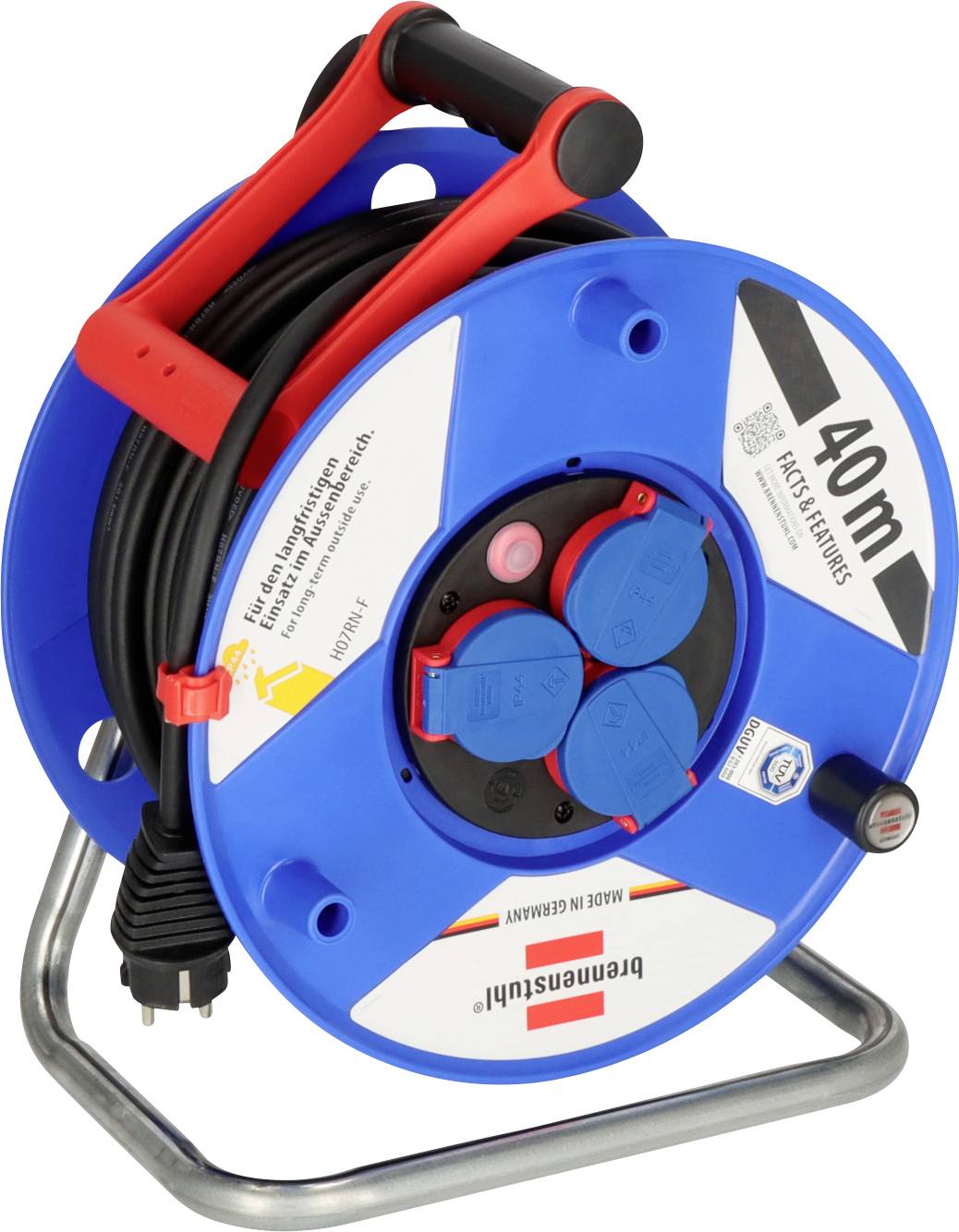 Blauwe Brennenstuhl kabelspoel met rood handvat en zwart snoer, gelabeld 40m, op een metalen standaard.