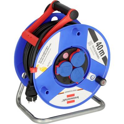 Blauwe Brennenstuhl kabelspoel met rood handvat en zwart snoer, gelabeld 40m, op een metalen standaard.