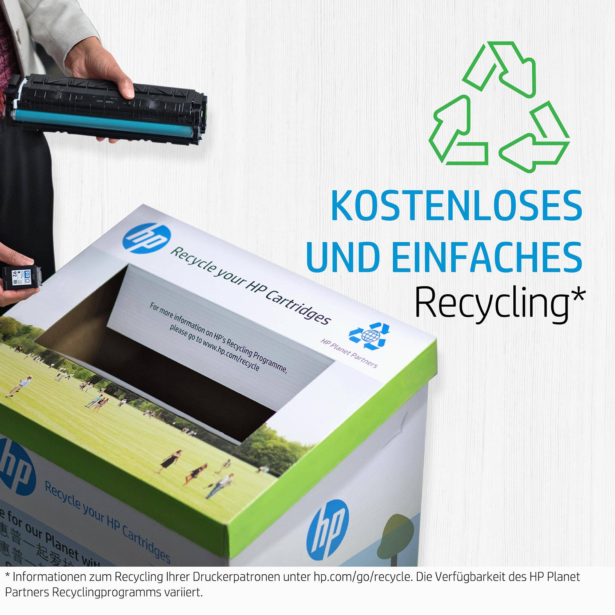 Een mens doet een inktpatroon in een HP-recyclingdoos. Tekst op de doos: 'Recycle je HP-patronen'. Opschrift: 'Gratis en eenvoudig recyclen'.