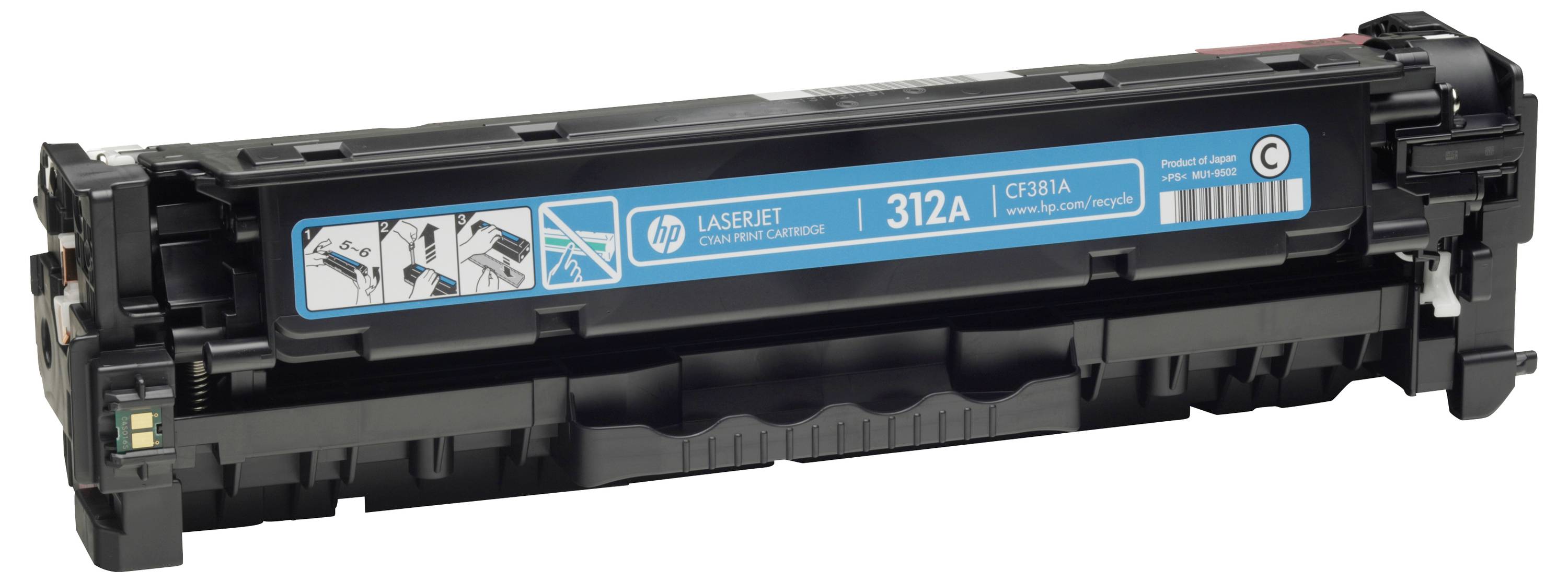 Zwarte HP LaserJet 312A tonercartridge met cyan label, weergegeven in een productfoto-achtige zijkant op een witte achtergrond.
