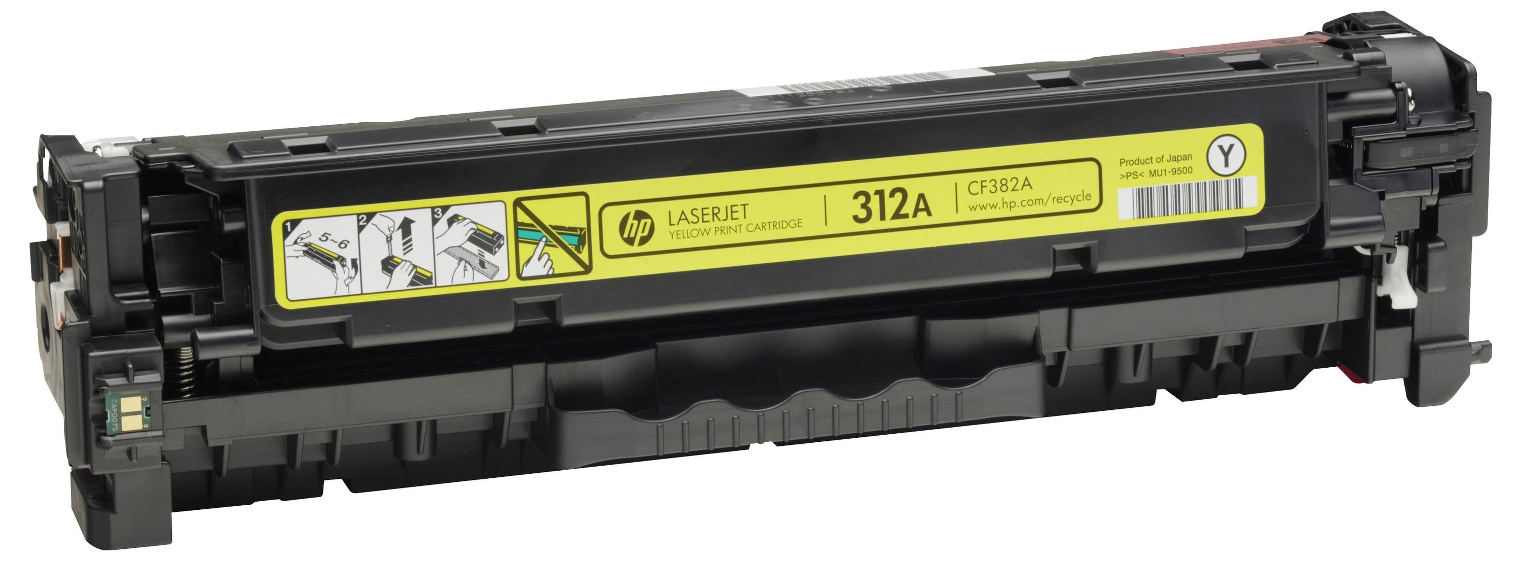 Zwarte HP LaserJet tonercartridge gelabeld '312A' op een witte achtergrond.