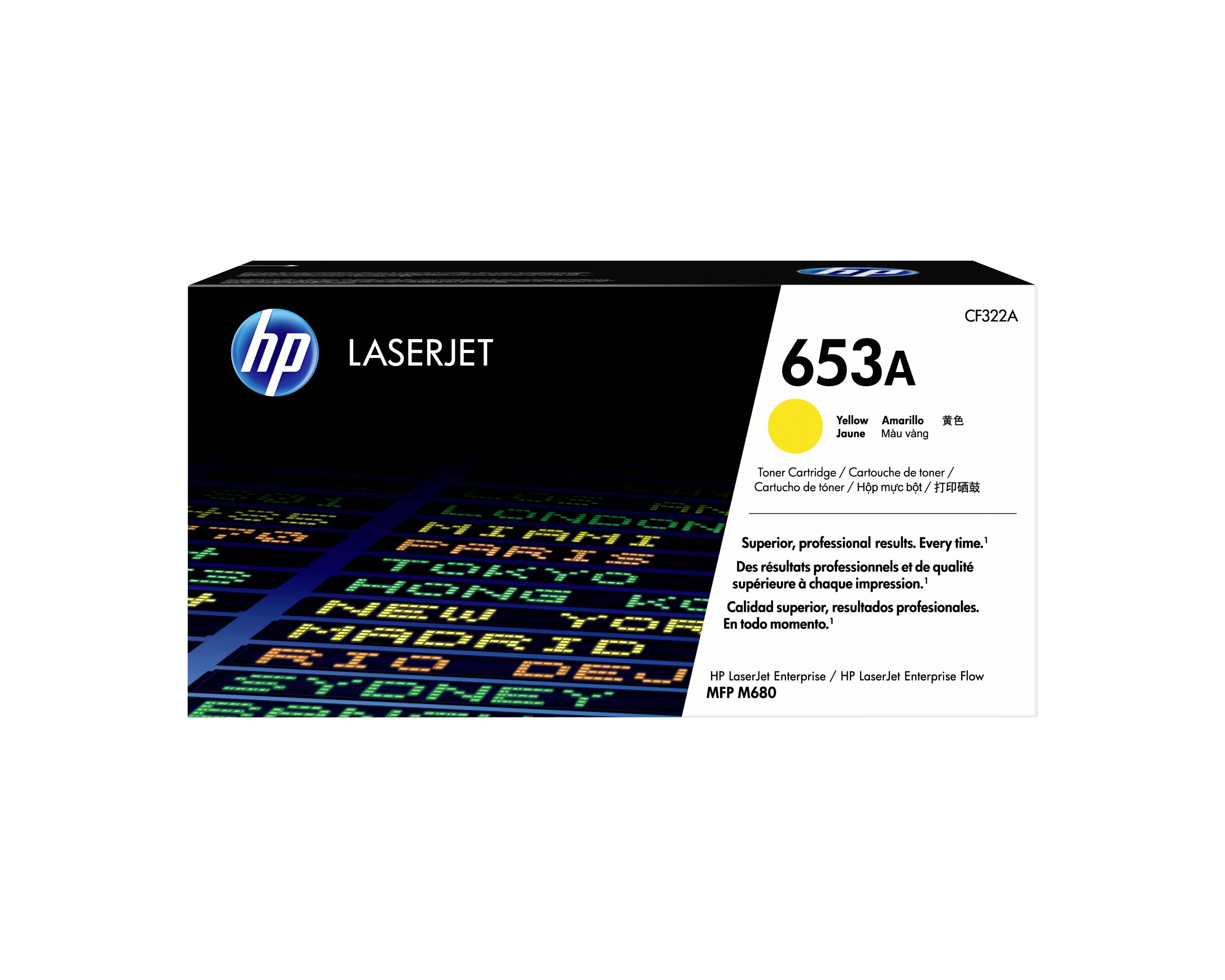 HP LaserJet 653A gele tonercartridge doos voor Enterprise/Enterprise Flow printers, model CF322A.