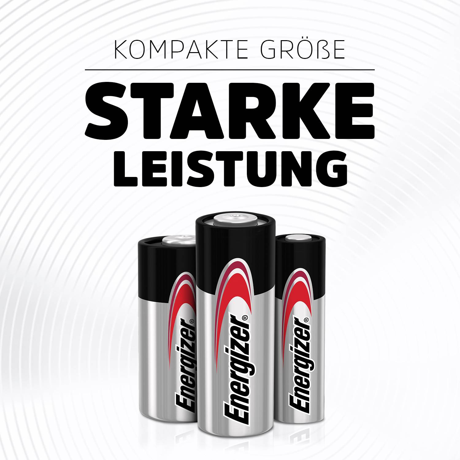 Drie Energizer-batterijen voor een witte achtergrond. Tekst: 'Compacte grootte, sterke prestaties'.