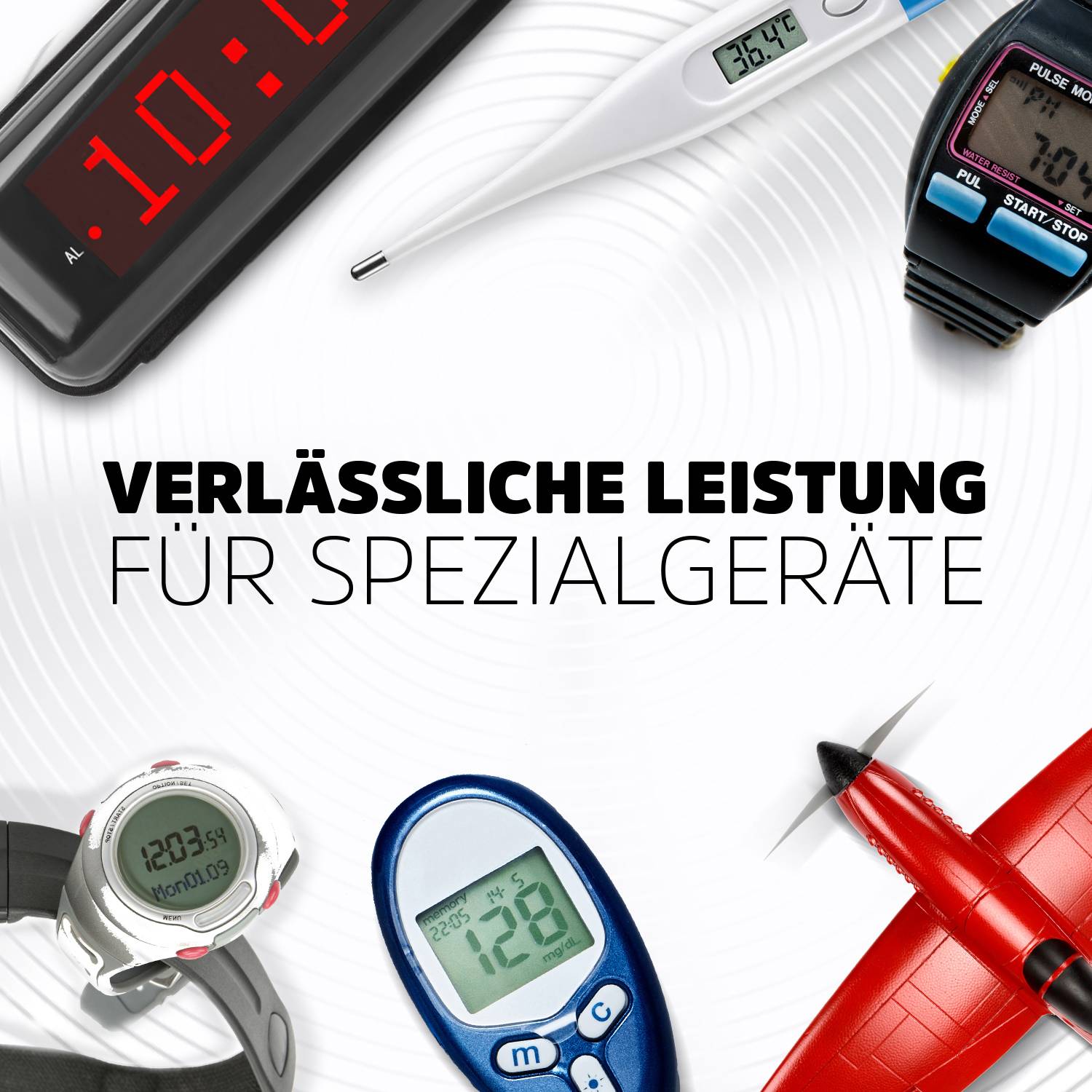Verschillende speciale apparaten met klokken en temperatuurweergave, daarboven in grote letters 'Betrouwbare prestaties voor speciale apparaten'.