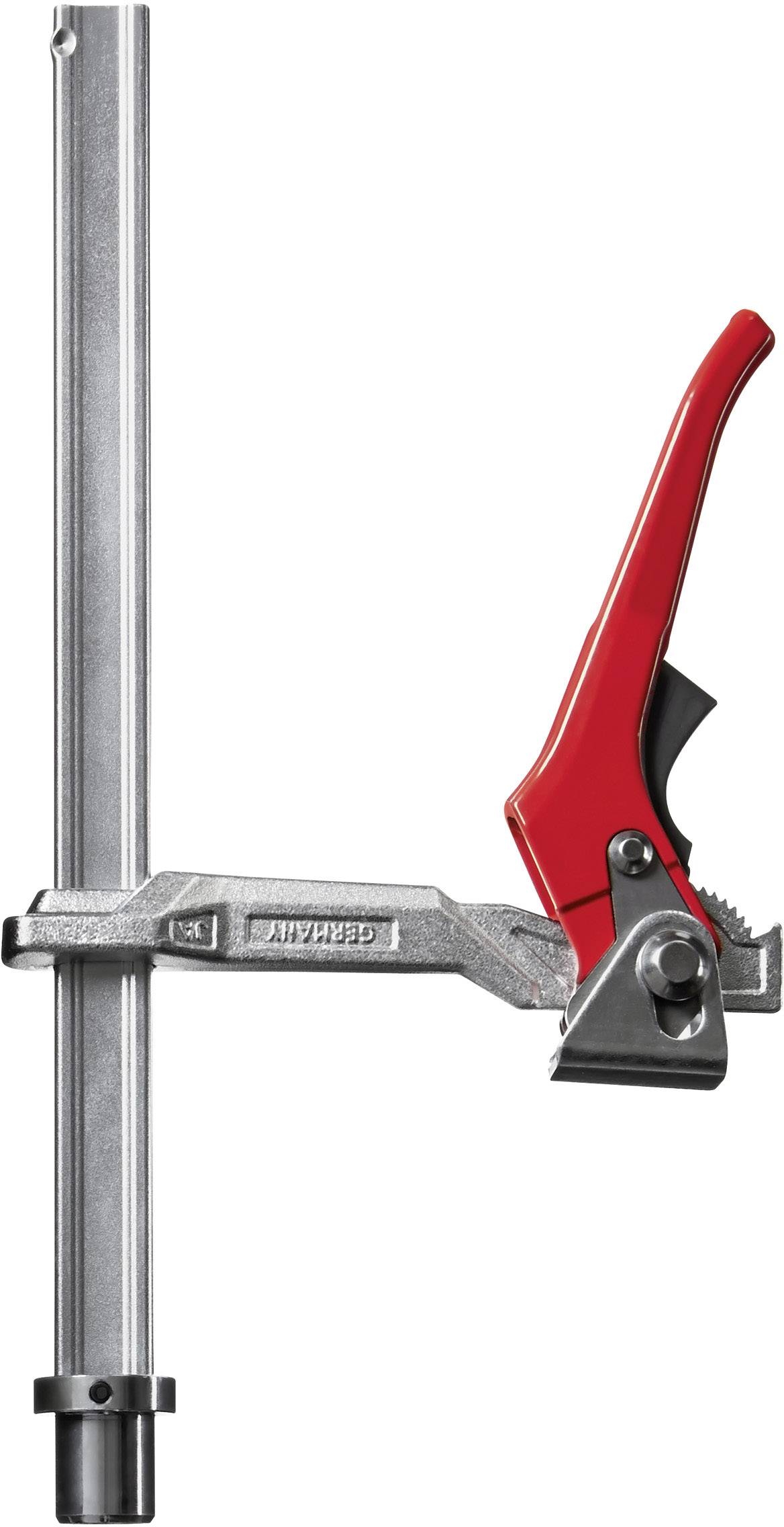 Klemschroef met rode handgreep op metalen staaf, geschikt voor hout- of metaalbewerkingen, hefboommechanisme voor eenvoudig gebruik.