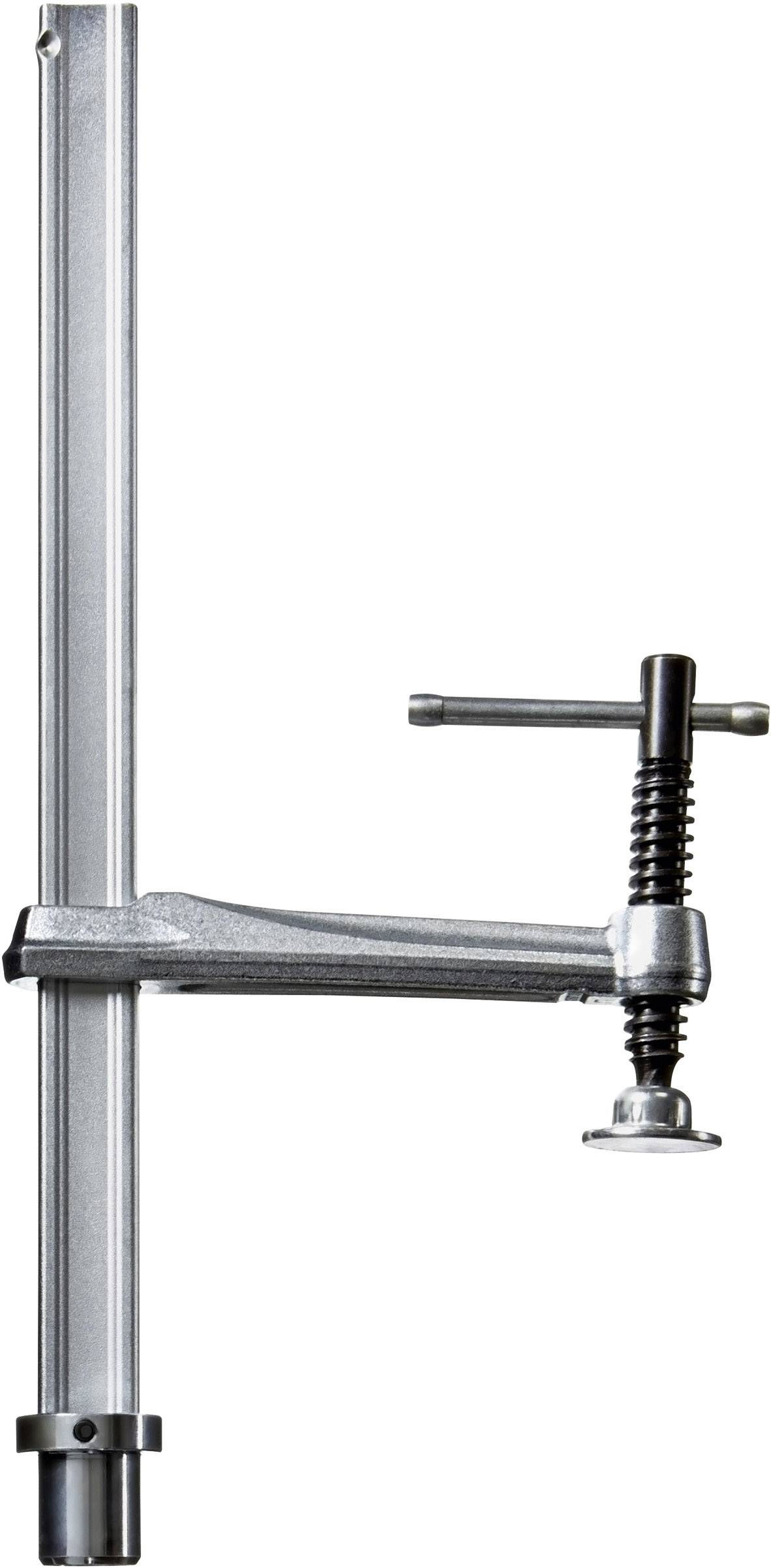 Een zilveren klemschroef met een lange metalen staaf en draaibare handgreep voor het vastzetten van werkstukken.