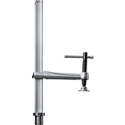 Een zilveren klemschroef met een lange metalen staaf en draaibare handgreep voor het vastzetten van werkstukken.