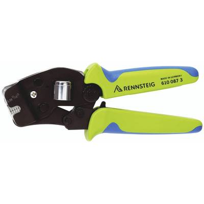'Rennsteig Krimptang' met groene en blauwe handgrepen. Opschrift 'MADE IN GERMANY 610 087 3'. Gereedschap voor het crimpen van kabels.