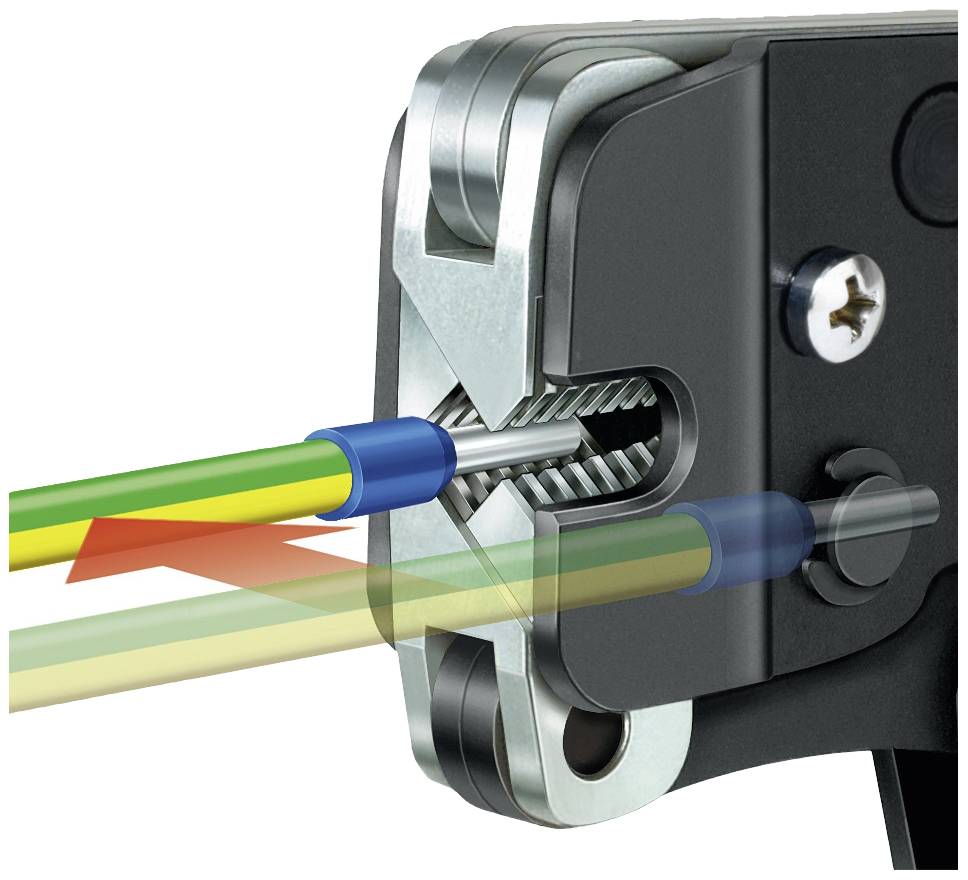 Close-up van een automatische striptang die een groen-gele en een blauwe ader ontmantelt. De tang houdt de aders stevig vast.