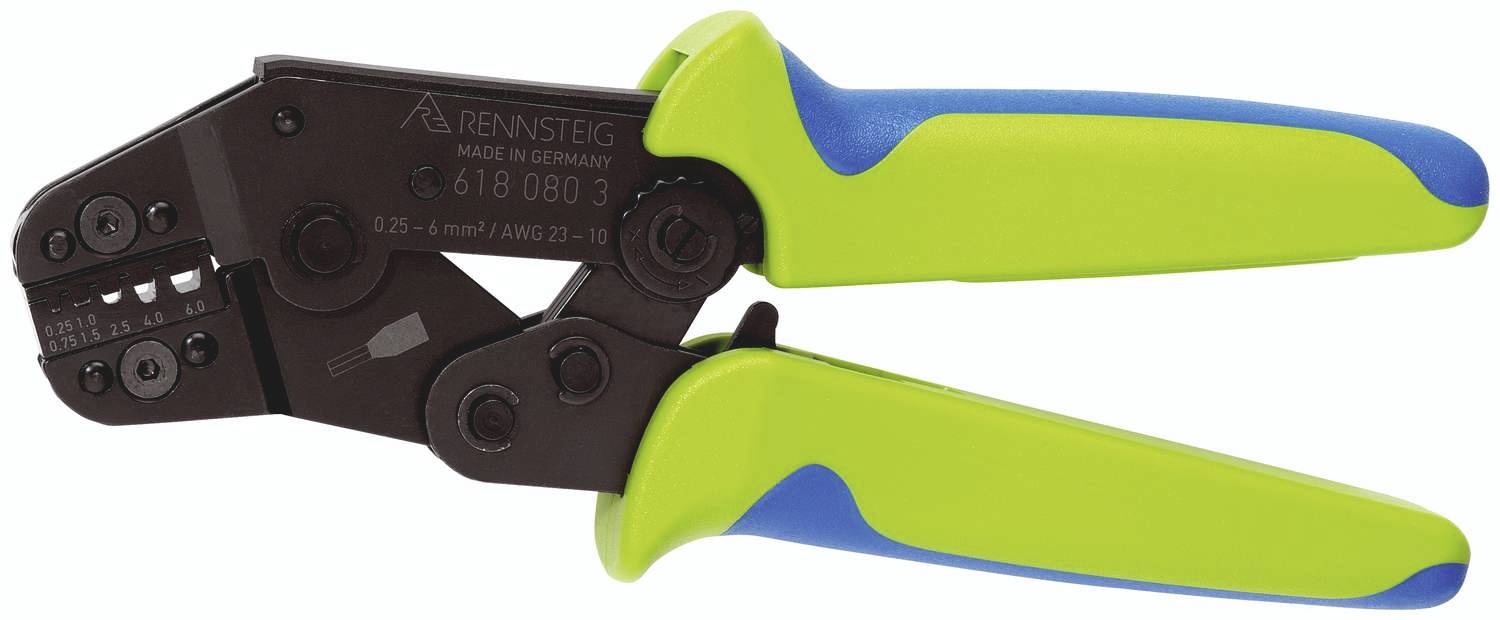 Een tang met groen-blauwe handgrepen, geschikt voor het bewerken van elektrische contacten en draden.
