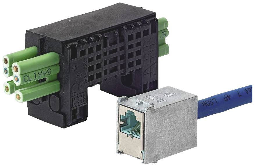'Bus en Ethernet-stekker met kabel, klaar voor aansluiting. De bus heeft groene aansluitingen en een zwarte behuizing.'
