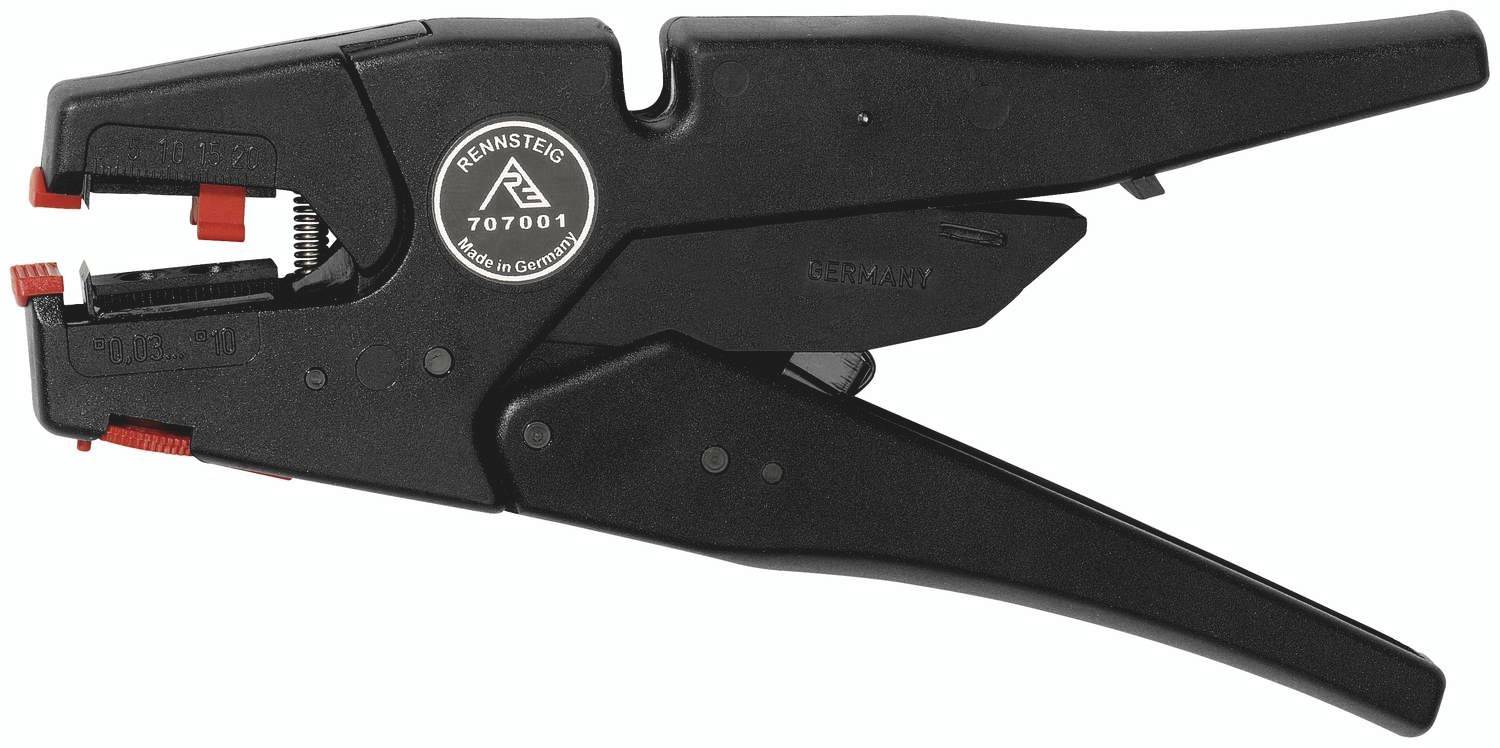 Op de afbeelding staat een zwarte striptang met rode accenten, geschikt voor het verwijderen van isolatie van draden.