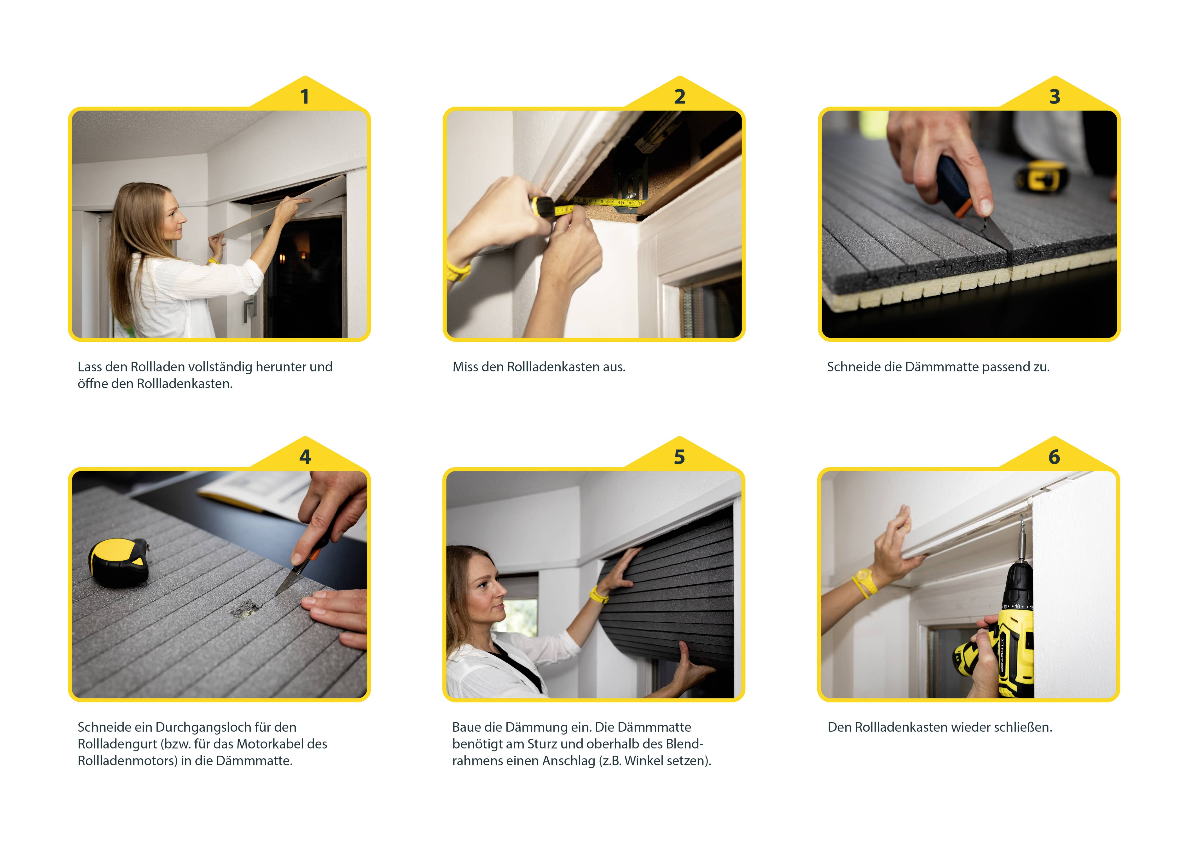 1. Vrouw laat rolluik naar beneden.<br>2. Markering op de doos.<br>3. Mat op maat snijden.<br>4. Opening snijden.<br>5. Mat aanbrengen.<br>6. Rolluik monteren.