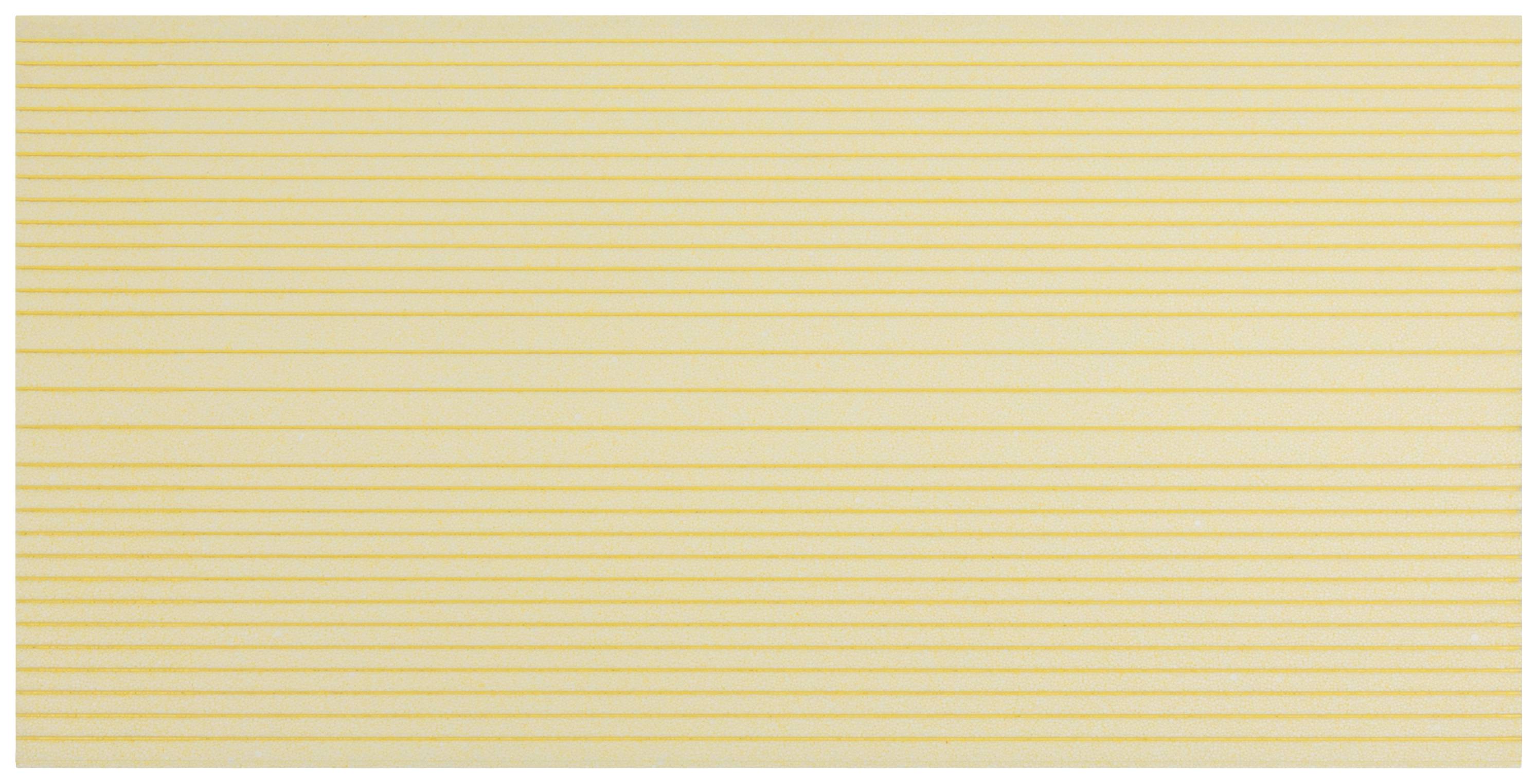 Geel blad met fijne horizontale, oranje lijnen.