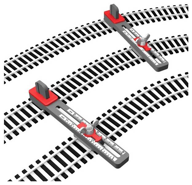Twee verstelbare spoorbreedte-ijkmaten die verschillende spoorbreedtes op gebogen spoorstaven tonen.