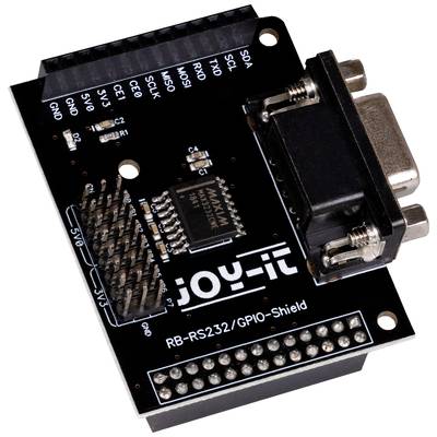 'JOY-iT RB-RS232/GPIO-Shield' breadboard met verschillende aansluitingen en een IC-chip. Geschikt voor seriële communicatie.