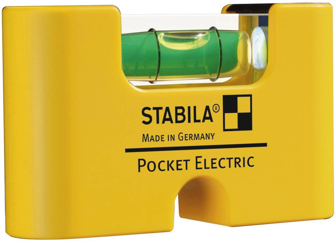 Een kleine waterpas met een geel behuizing toont een horizontale libel. Opdruk: 'STABILA, Made in Germany, Pocket Electric'.