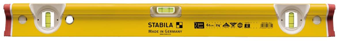 Gele waterpas met twee libellen en het opschrift 'STABILA, Made in Germany'. Hij wordt gebruikt voor het uitlijnen en waterpassen.