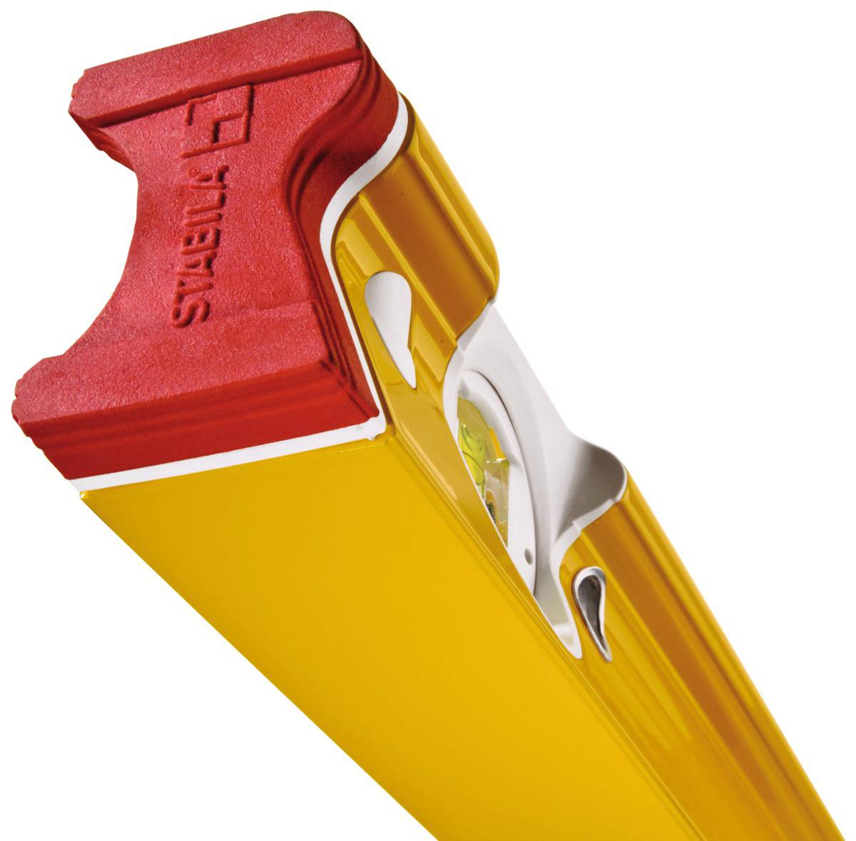 Geel-rood bouwelement met afgeschuinde rand en logo, gebruikt in de bouwindustrie, vervaardigd uit stevig materiaal.