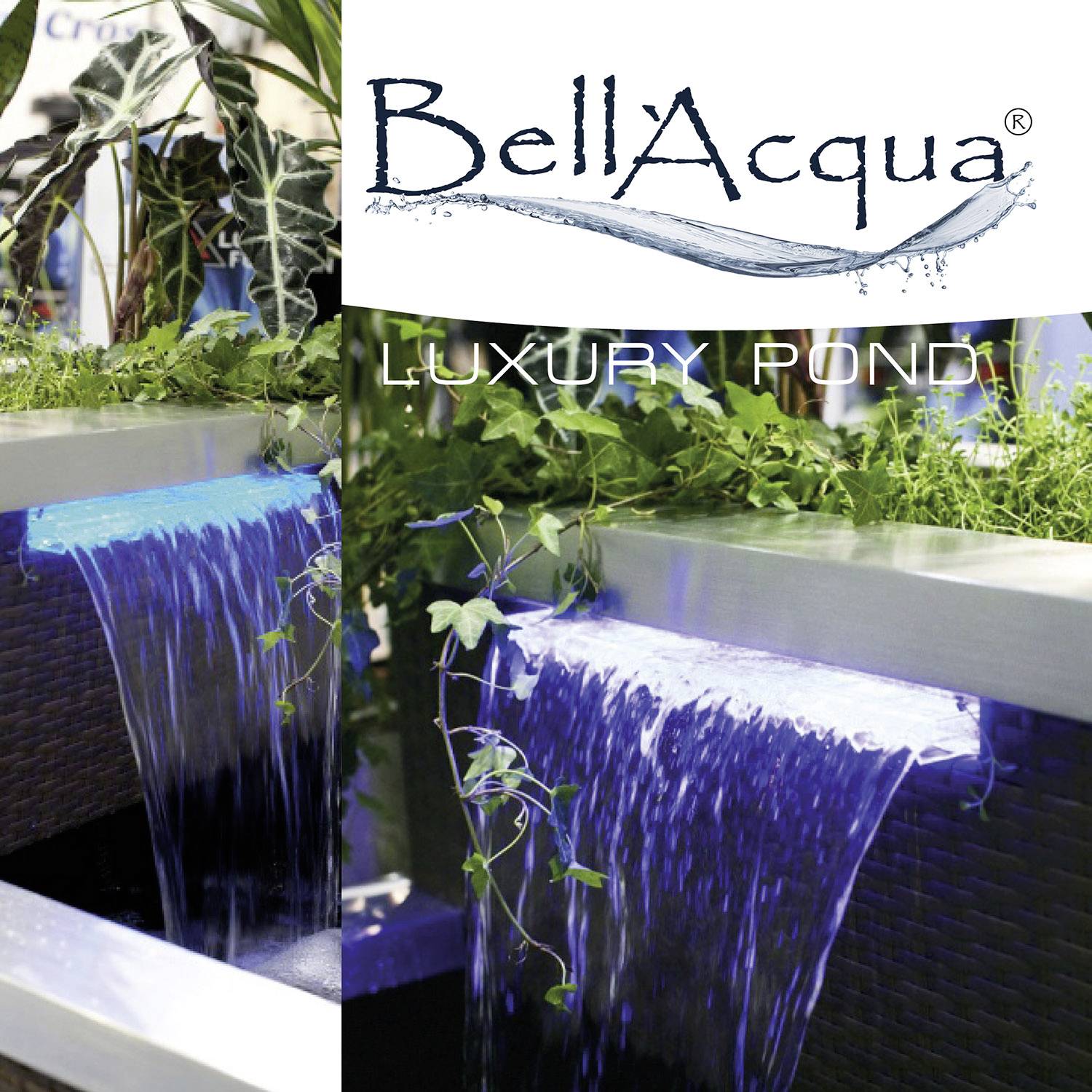 'BellAcqua® Luxury Pond' toont een luxueuze kamerfontein met stromend water, omgeven door planten, elegant en modern ontworpen.