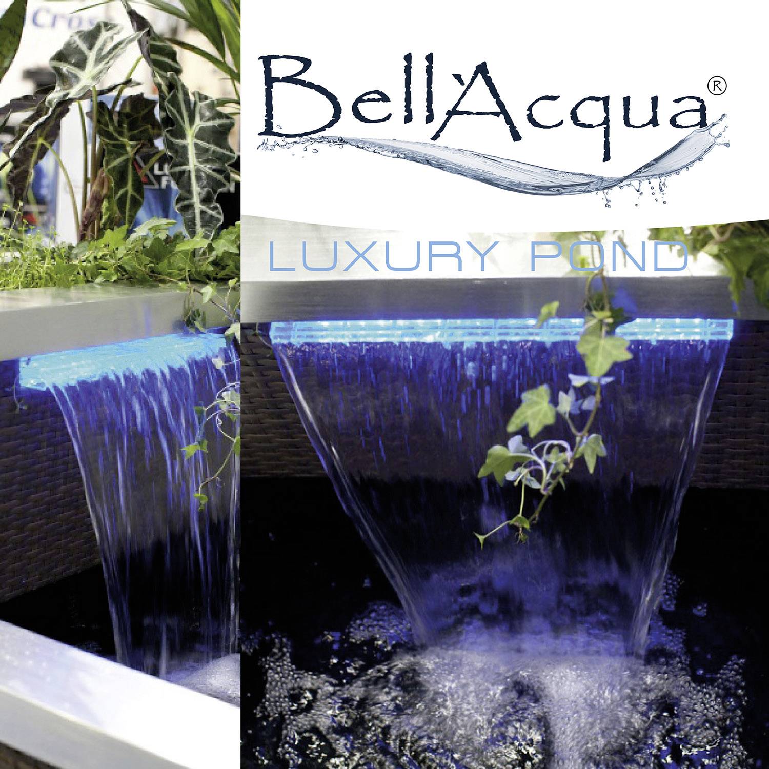 'BellAcqua Luxe-Vijver' met blauw verlichte waterval, omgeven door planten.