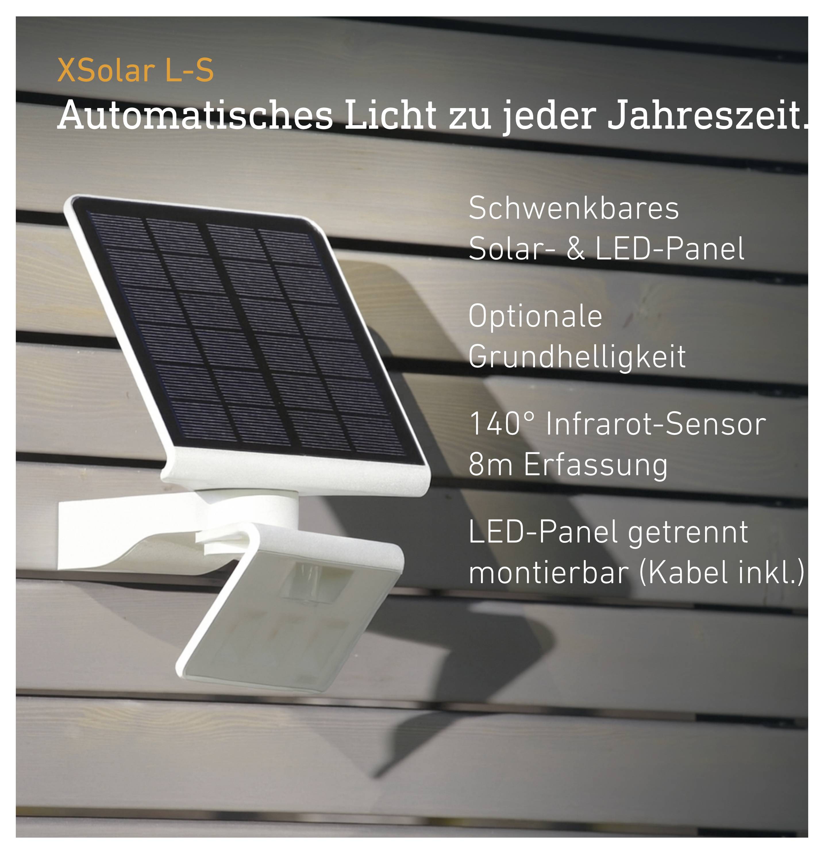 Solar-LED-buitenlamp XSolar L-S met zwenkbaar paneel, optionele basishelderheid en 140°-infraroodsensor voor automatische verlichting.