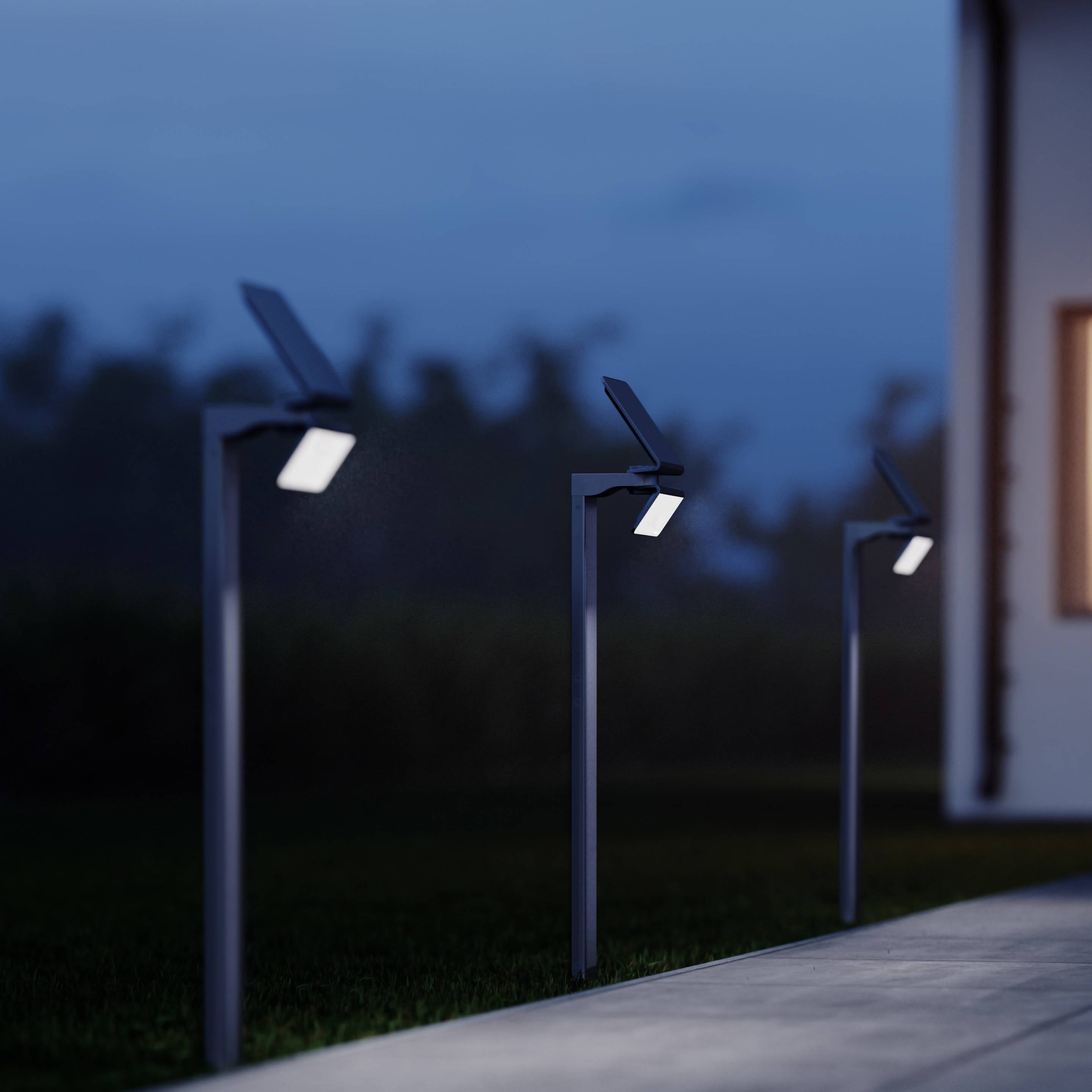 Verschillende zonne-verlichtingsarmaturen verlichten een moderne stoep bij schemering, omgeven door struiken.
