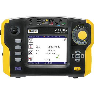 Elektrische installatietester met displayweergave van waarden: impedantie (25,10 Ω), isolatieweerstand (24,8 Ω) en lussenweerstand (5,6 mH).