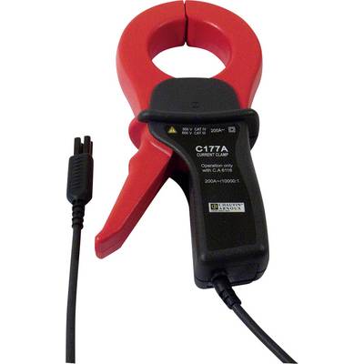 Stroomtang met rode grijpmechanisme en zwarte handgreep. Opschrift 'C177A Current Clamp' met kabel. Geschikt voor elektrische metingen.