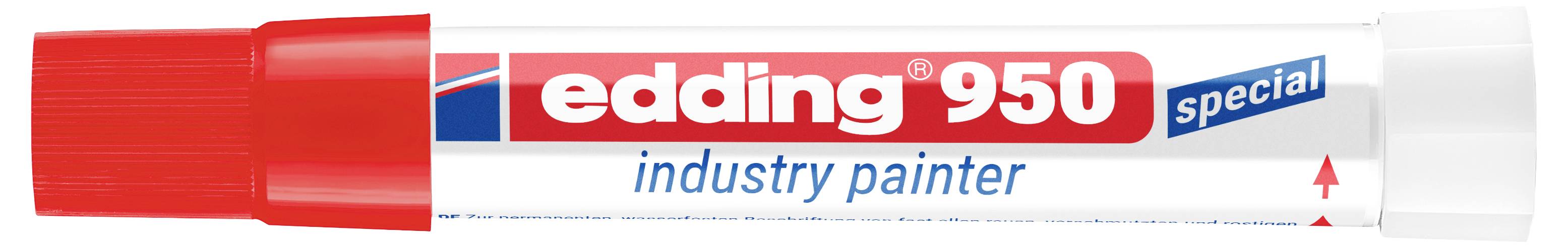 Rode edding 950 speciale industrieschildermarker met rood dop en wit vat gelabeld "edding 950" en "industry painter".