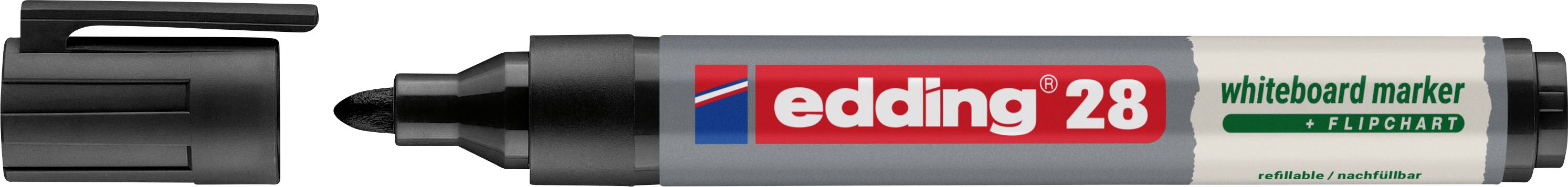 Zwarte whiteboardmarker met dop, gelabeld met 'edding 28' en 'whiteboard marker' op de schacht.