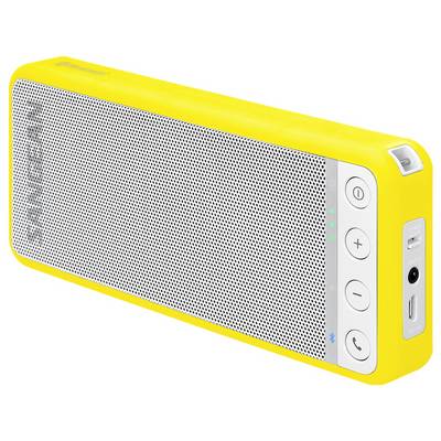 Gele draagbare Bluetooth-speaker met geperforeerde frontgrille, volume-, gesprek- en aan/uit-knoppen aan de zijkant, weergegeven op een witte achtergrond.