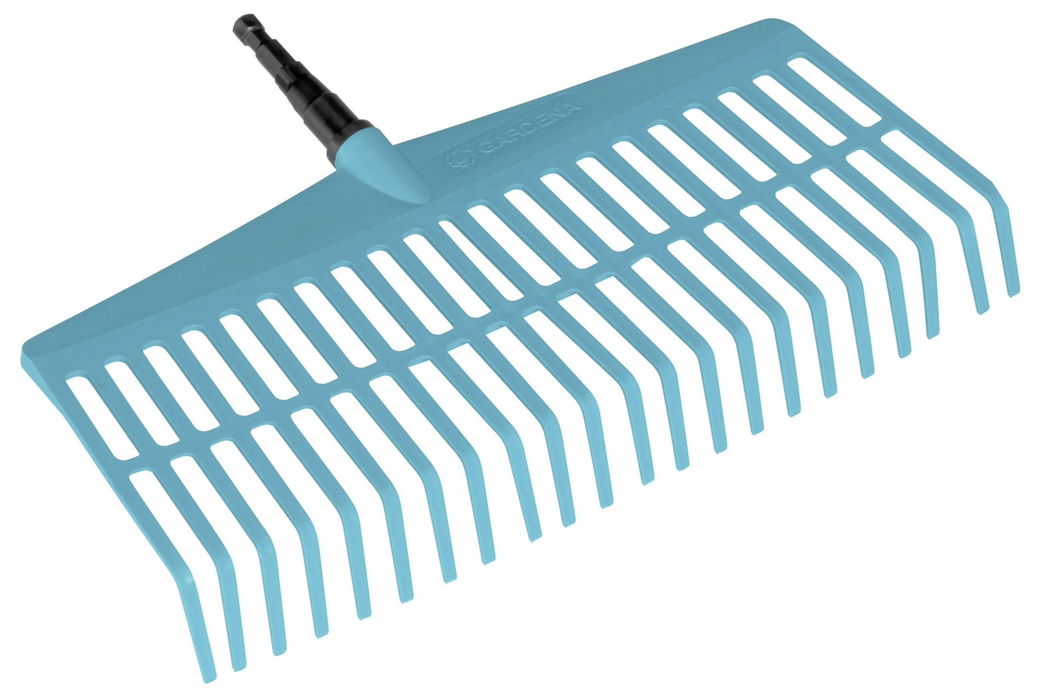 Een blauwe kunststof bladhark met brede tanden, geschikt voor het verzamelen van bladeren in de tuin.