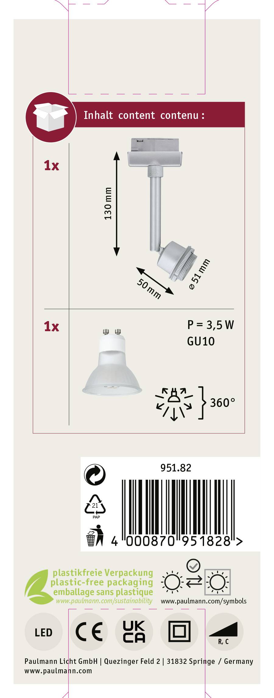 'Lamp' en 'fitting' met productafmetingen. 'Energie-efficiëntie' en '360 graden draaibaar'. Streepjescode onderaan. 'Verpakking zonder plastic'.