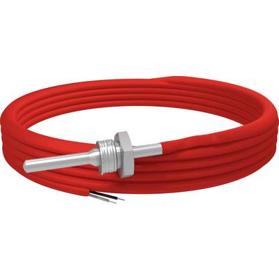 Rood, spiraalvormig verwarmingskabel met metalen aansluitstuk, geschikt voor temperatuurregeling of industriële toepassingen.