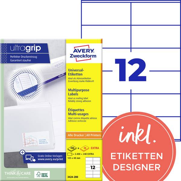 Avery-Zweckform 3424-200 3424-200 ( 105 x 48 mm ),Wit, 2640 stuk(s), Permanent hechtend