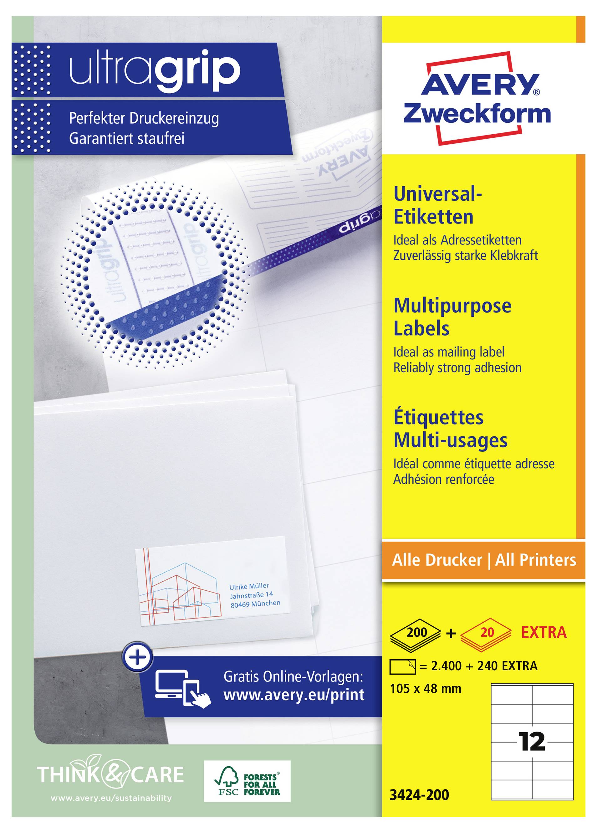 Avery Zweckform 'ultragrip' universeel etiketpakket, met multifunctionele etiketten met extra sterke kleving voor alle printers.