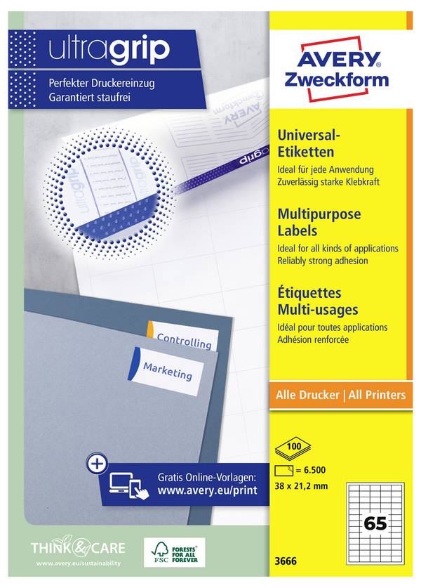 Avery-Zweckform 3666 Universele etiketten 38 x 21.2 mm Papier Wit 6500 stuk(s) Permanent hechtend Inkjet, Laser (zwart/wit), Laser (kleur), Kopiëren (zwart/wit), Kopiëren (kleur), Handschriften