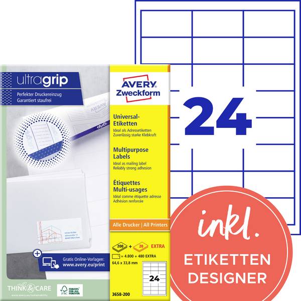 Avery-Zweckform 3658-200 Universele etiketten 64.6 x 33.8 mm Papier Wit 4800 stuk(s) Permanent hechtend Laser (kleur), Laser (zwart/wit), Kopiëren (kleur), Kopiëren (zwart/wit), Matrix/naald, Inkjet, Handschriften