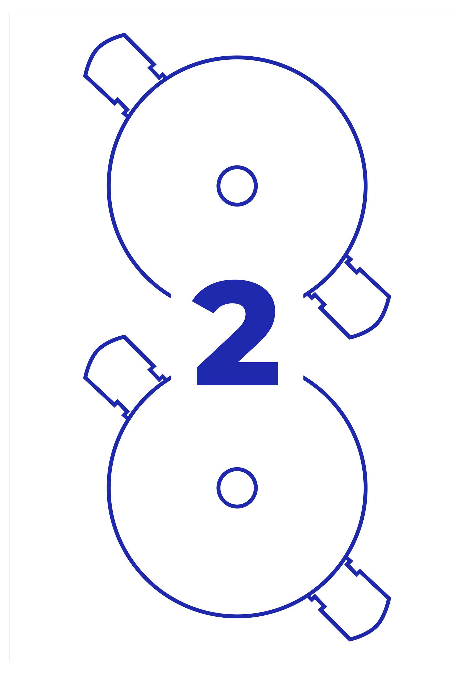 Grafische weergave met twee rond gerangschikte onderdelen boven elkaar, verbonden door het getal '2' in het midden.