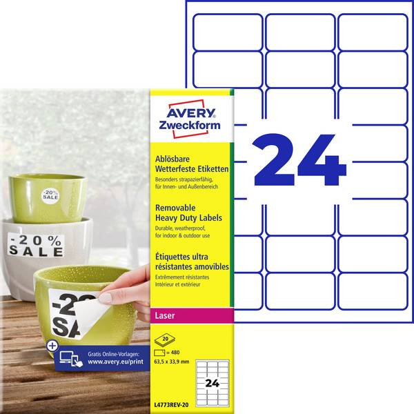 Avery-Zweckform L4773REV-20 Folie-etiketten 63.5 x 33.9 mm Polyester folie Wit 480 stuk(s) Weer verwijderbaar Laser (kleur), Laser (zwart/wit), Kopiëren (kleur), Kopiëren (zwart/wit), Handschriften