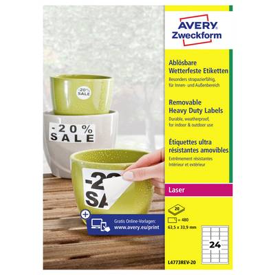 Avery Zweckform verwijderbare hoogwaardige labels voor laserprinters; afbeelding toont een hand die een sticker met 20% korting van een kom afpelt, wat duidt op afdrukbare verkooplabels.