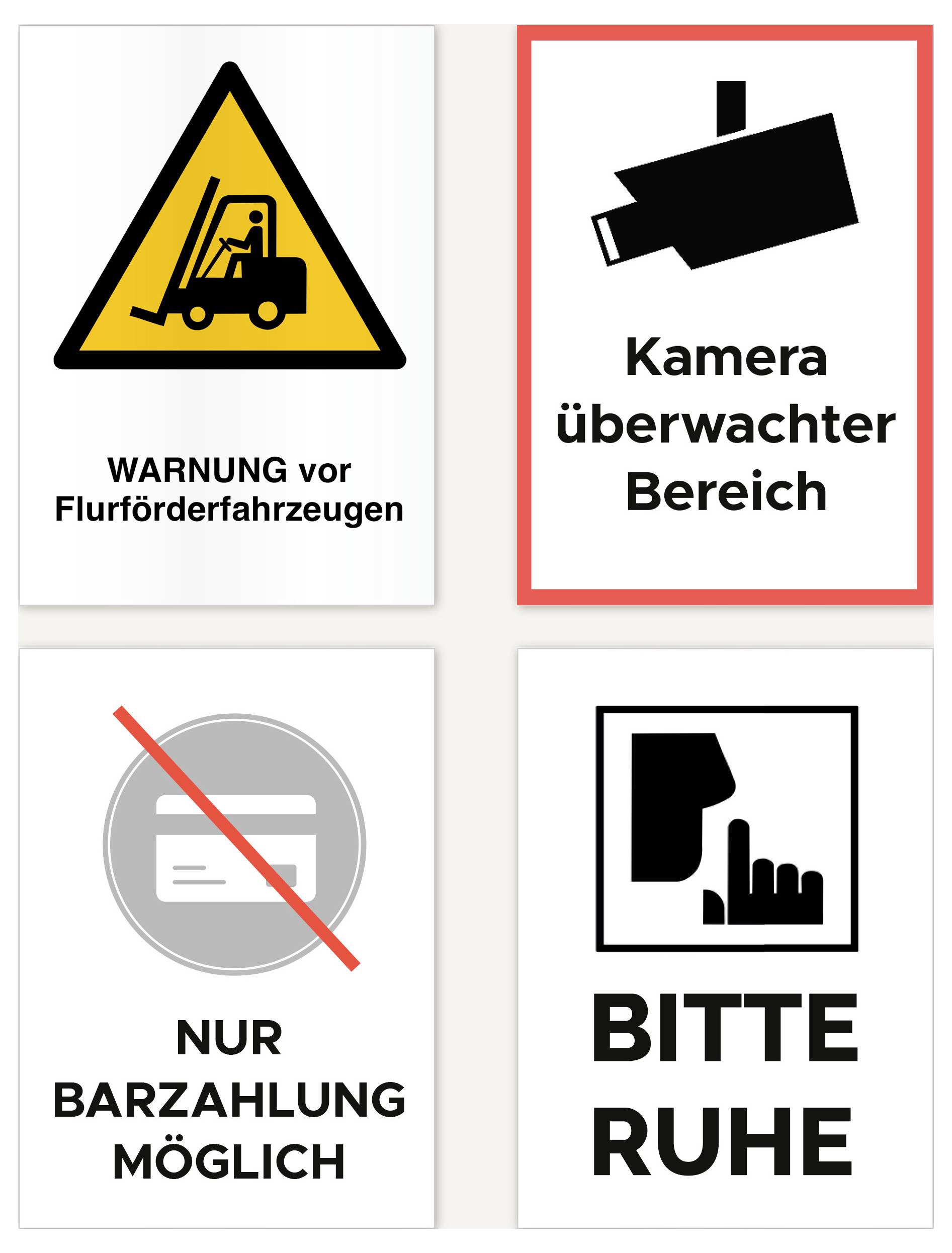 Vier waarschuwingsborden: Waarschuwing voor heftrucks, camerabewaakt gebied, alleen contante betaling mogelijk en Stilte alstublieft.