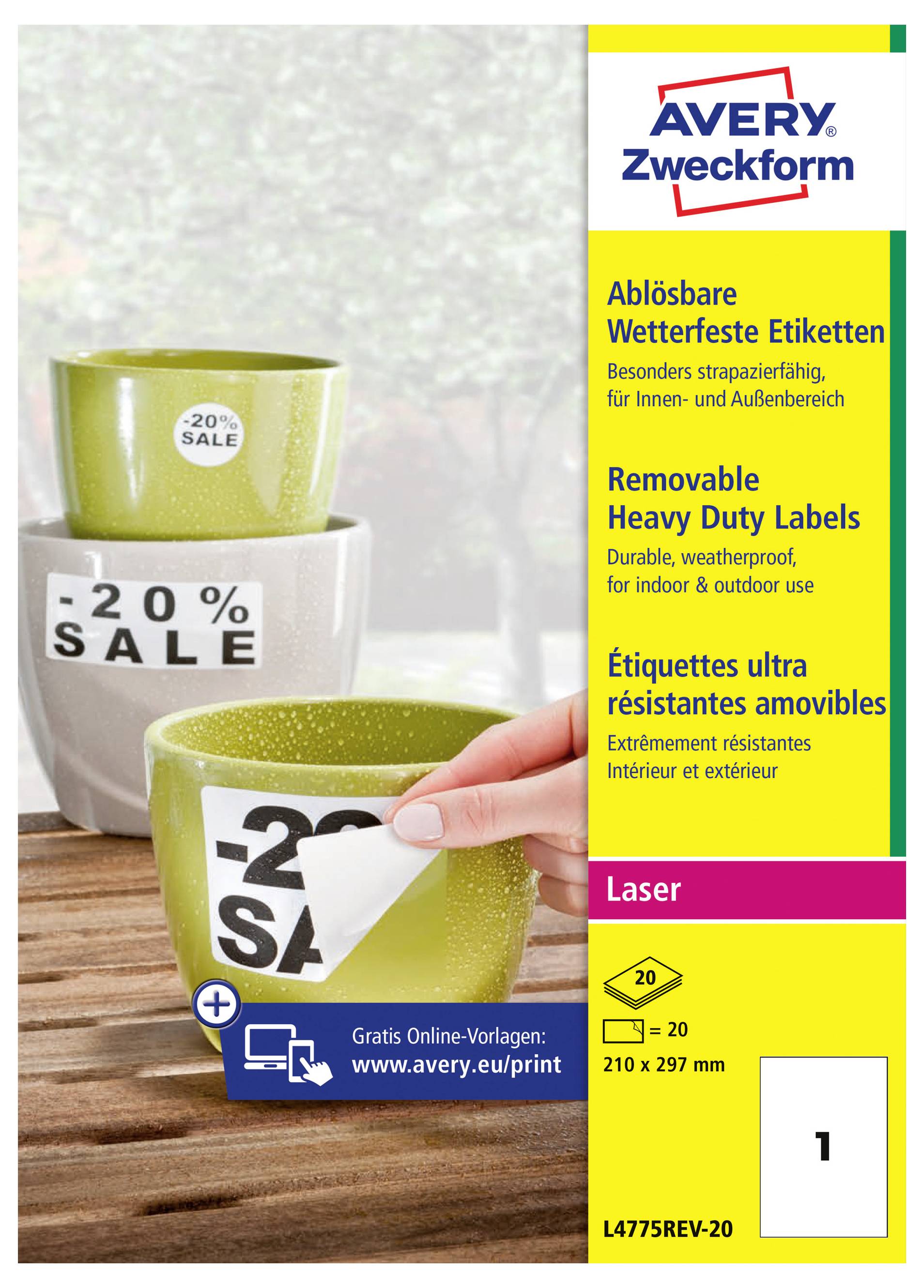 Avery Zweckform verwijderbare zware labels verpakking met 20% verkoopstickers op bekers, voor laserprinters, 210 x 297 mm, 1 vel.