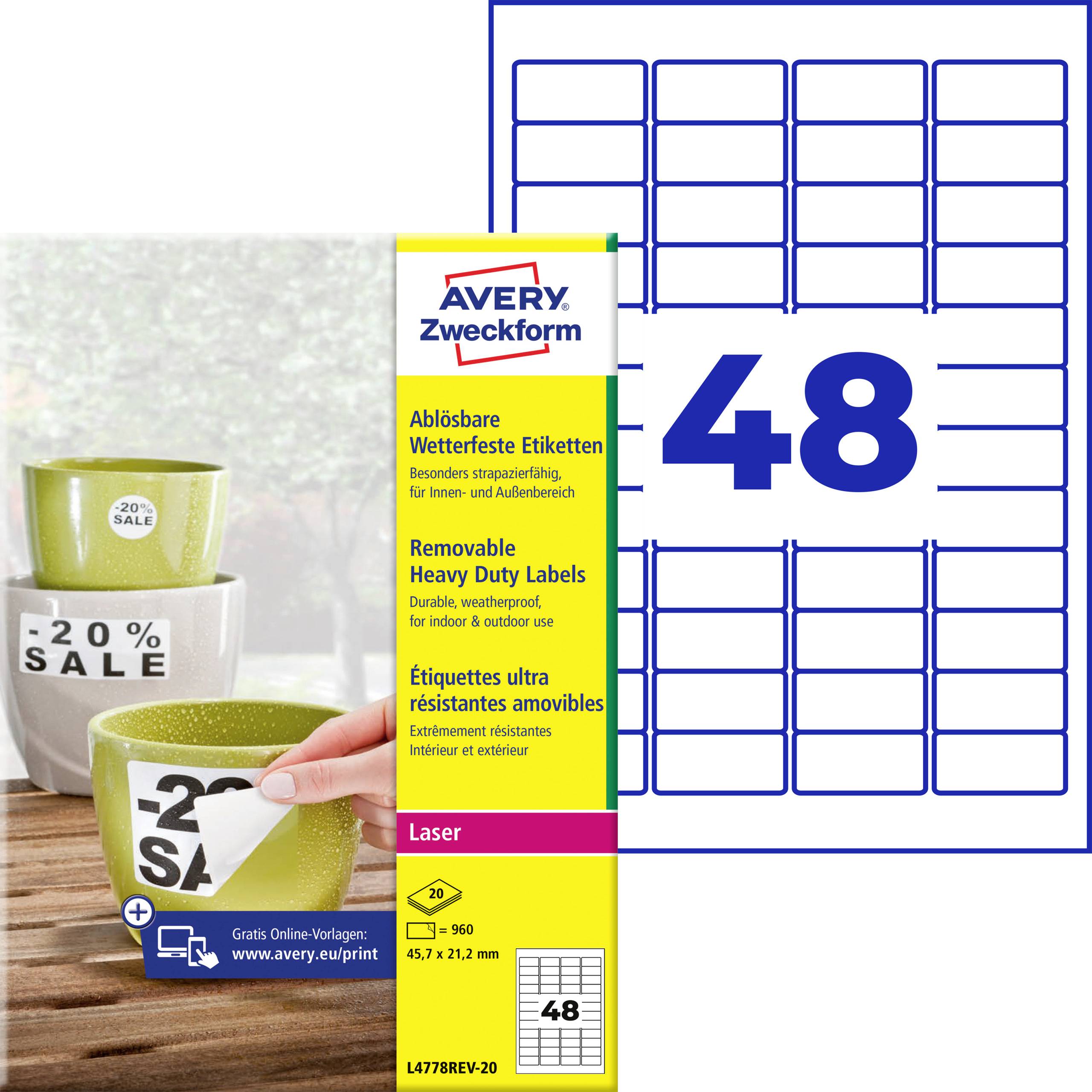 Verpakking van Avery Zweckform 'verwijderbare weerbestendige etiketten', 48-vel, met afbeelding van kopjes en schaaltjes met '20% korting'-sticker.