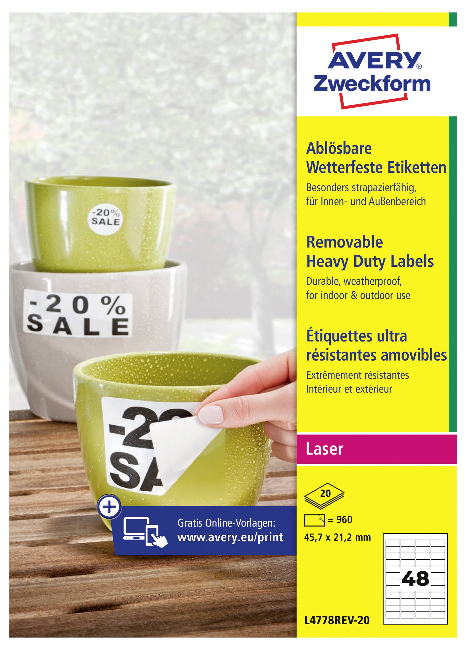 Avery Zweckform verwijderbare stevige etiketten voor laserprinters, weergegeven als ronde verkoopstickers met '-20% SALE' op bekers; pak van 48 etiketten, 45,7 x 21,2 mm.