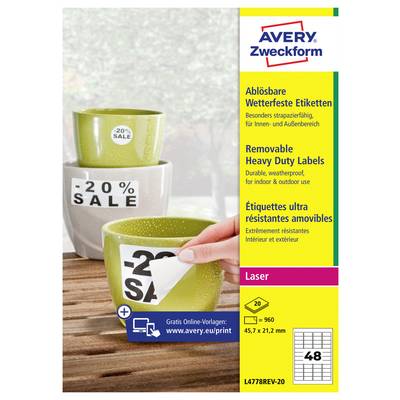Avery Zweckform verwijderbare stevige etiketten voor laserprinters, weergegeven als ronde verkoopstickers met '-20% SALE' op bekers; pak van 48 etiketten, 45,7 x 21,2 mm.